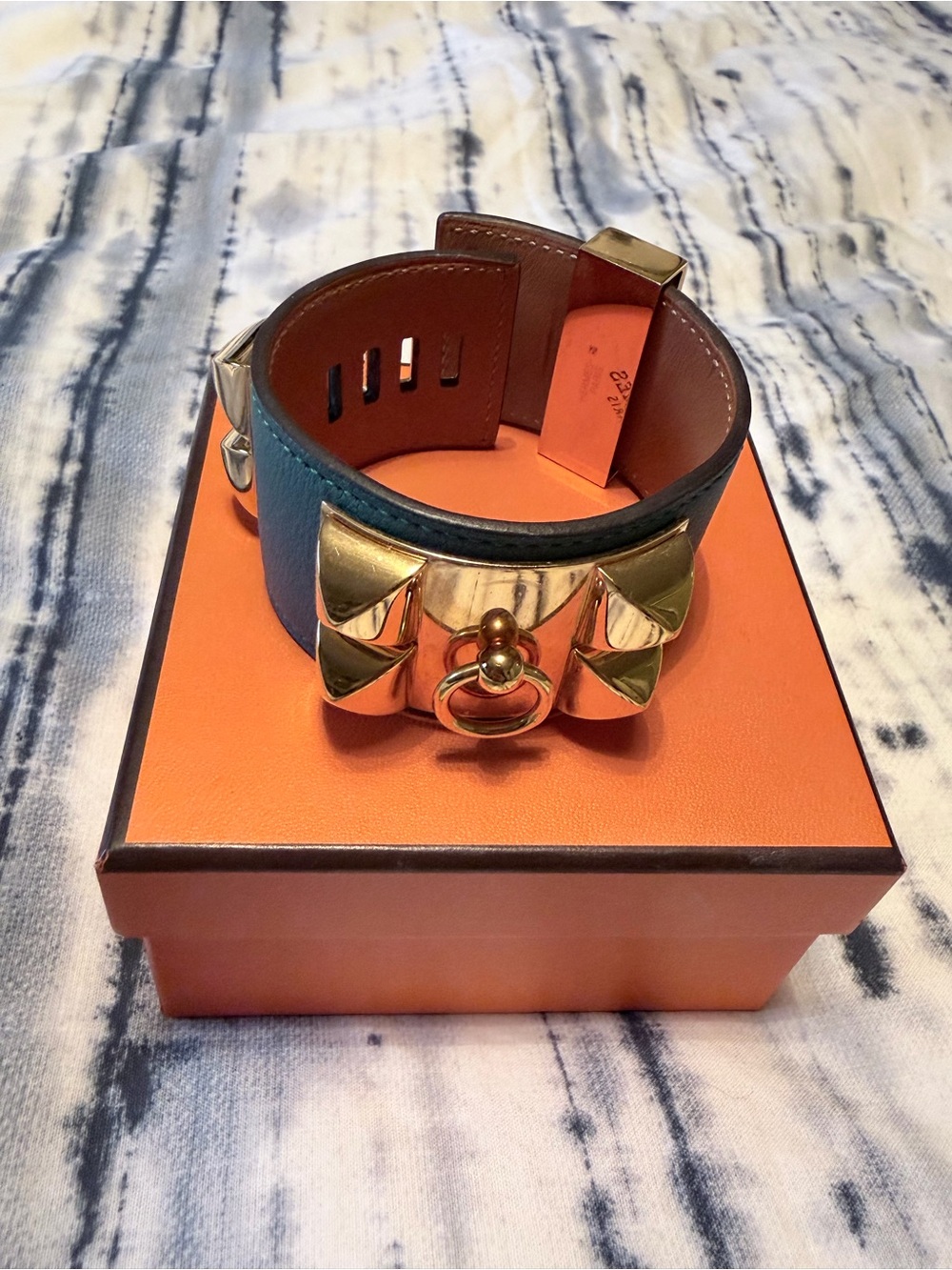 Hermes Collier de Chien Leather Bracelet in Malachite with Gold Hardware